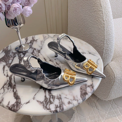 BALENCIAGA 25S HIGH SLINGBACK 35 MM IN SILVER LAMBSKIN WITH GOLD HARDWARE