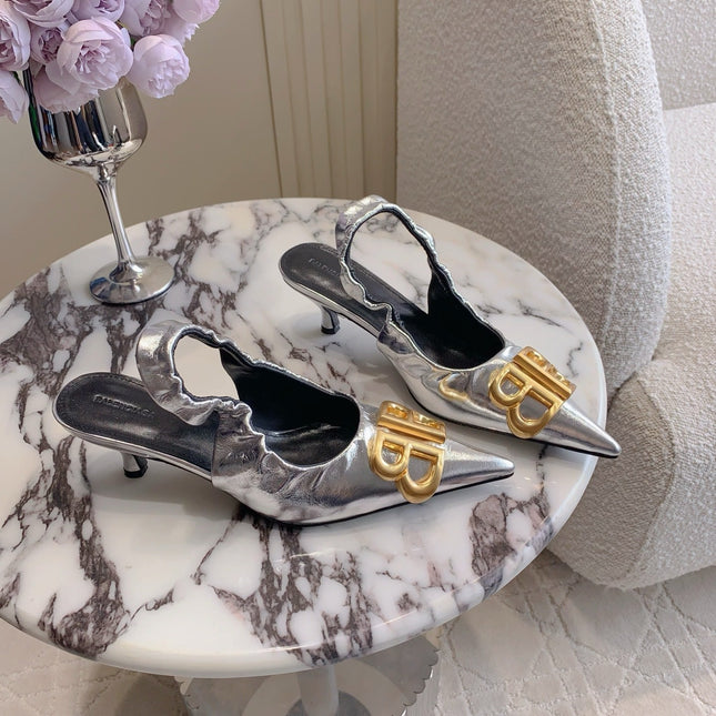 BALENCIAGA 25S HIGH SLINGBACK 35 MM IN SILVER LAMBSKIN WITH GOLD HARDWARE