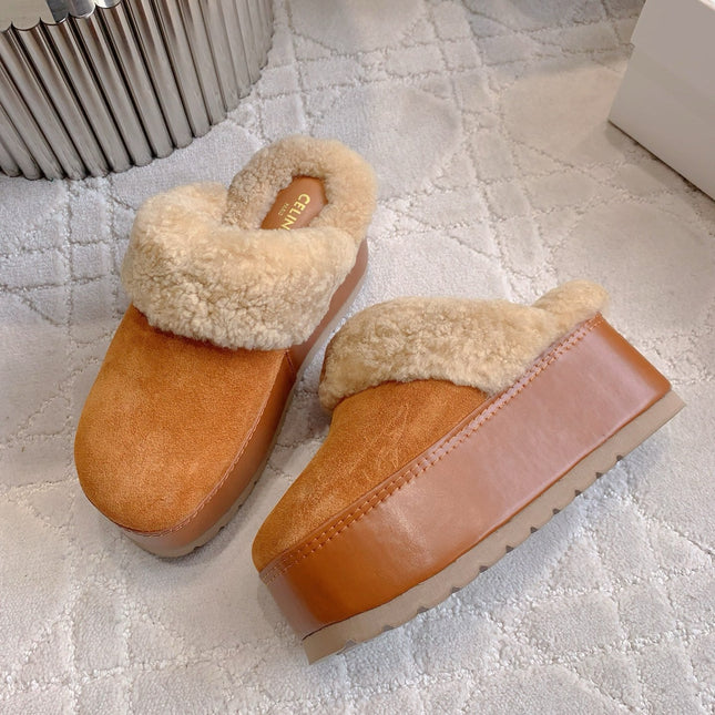 CELINE 25S DANA WEDGE MULE 70MM IN BURNT ORANGE SUEDE CALFSKIN AND SHEARLING