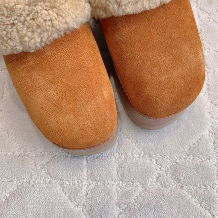 CELINE 25S DANA WEDGE MULE 70MM IN BURNT ORANGE SUEDE CALFSKIN AND SHEARLING