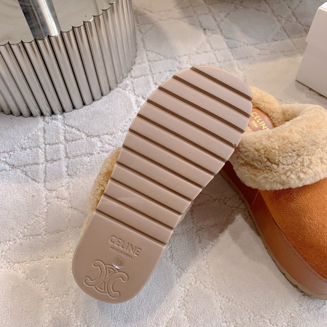 CELINE 25S DANA WEDGE MULE 70MM IN BURNT ORANGE SUEDE CALFSKIN AND SHEARLING