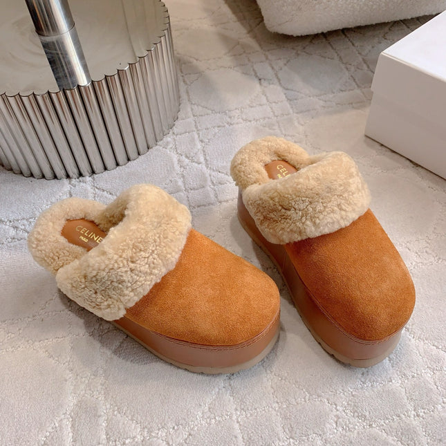 CELINE 25S DANA WEDGE MULE 70MM IN BURNT ORANGE SUEDE CALFSKIN AND SHEARLING