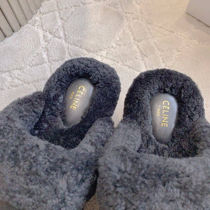 CELINE 25S DANA WEDGE MULE 70MM IN BLACK SUEDE CALFSKIN AND SHEARLING