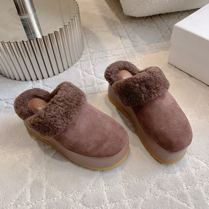 CELINE 25S DANA WEDGE MULE 70MM IN DARK BROWN SUEDE CALFSKIN AND SHEARLING