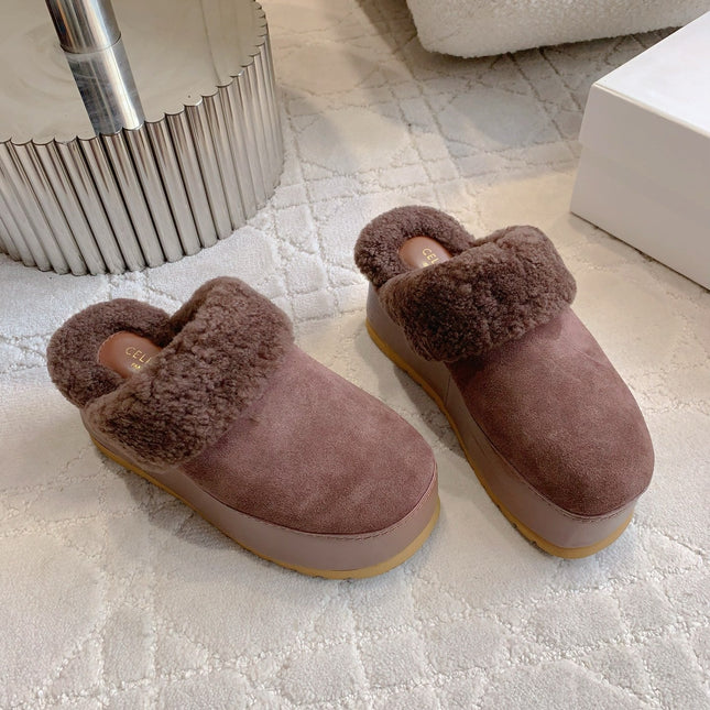 CELINE 25S DANA WEDGE MULE 70MM IN DARK BROWN SUEDE CALFSKIN AND SHEARLING