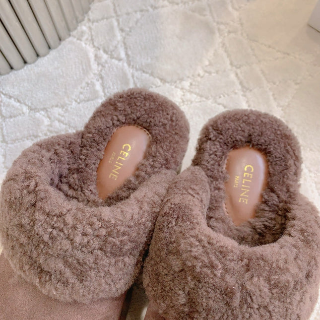 CELINE 25S DANA WEDGE MULE 70MM IN DARK BROWN SUEDE CALFSKIN AND SHEARLING