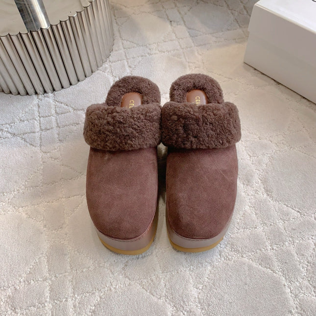 CELINE 25S DANA WEDGE MULE 70MM IN DARK BROWN SUEDE CALFSKIN AND SHEARLING
