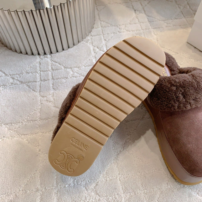 CELINE 25S DANA WEDGE MULE 70MM IN DARK BROWN SUEDE CALFSKIN AND SHEARLING