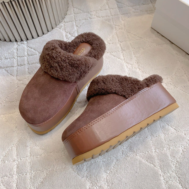 CELINE 25S DANA WEDGE MULE 70MM IN DARK BROWN SUEDE CALFSKIN AND SHEARLING