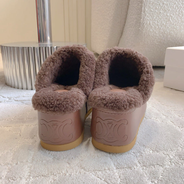 CELINE 25S DANA WEDGE MULE 70MM IN DARK BROWN SUEDE CALFSKIN AND SHEARLING