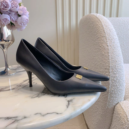 BALENCIAGA 25S POINTED-TOE HIGH HEELS 70 MM IN BLACK CALFSKIN WITH GOLD HARDWARE