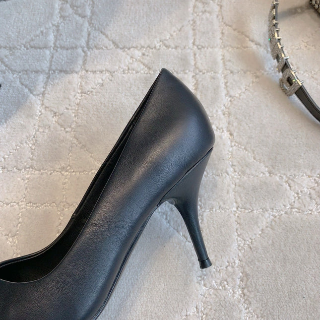 BALENCIAGA 25S POINTED-TOE HIGH HEELS 70 MM IN BLACK CALFSKIN WITH GOLD HARDWARE