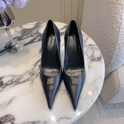 BALENCIAGA 25S POINTED-TOE HIGH HEELS 70 MM IN BLACK CALFSKIN WITH GOLD HARDWARE