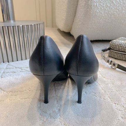 BALENCIAGA 25S POINTED-TOE HIGH HEELS 70 MM IN BLACK CALFSKIN WITH GOLD HARDWARE