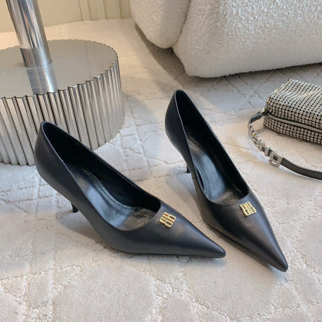 BALENCIAGA 25S POINTED-TOE HIGH HEELS 70 MM IN BLACK CALFSKIN WITH GOLD HARDWARE