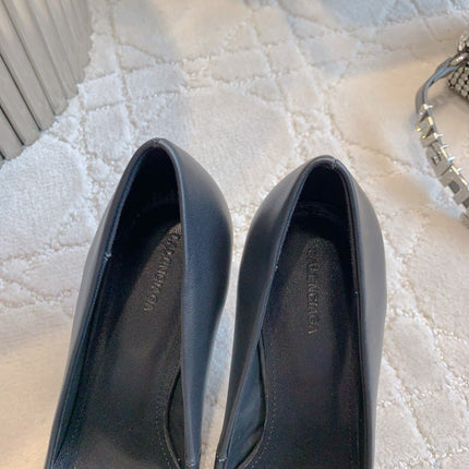 BALENCIAGA 25S POINTED-TOE HIGH HEELS 70 MM IN BLACK CALFSKIN WITH GOLD HARDWARE