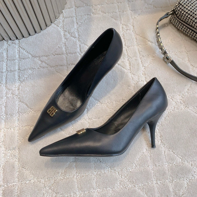 BALENCIAGA 25S POINTED-TOE HIGH HEELS 70 MM IN BLACK CALFSKIN WITH GOLD HARDWARE