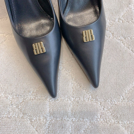 BALENCIAGA 25S POINTED-TOE HIGH HEELS 70 MM IN BLACK CALFSKIN WITH GOLD HARDWARE
