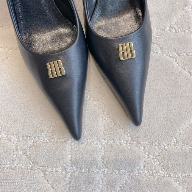 BALENCIAGA 25S POINTED-TOE HIGH HEELS 70 MM IN BLACK CALFSKIN WITH GOLD HARDWARE