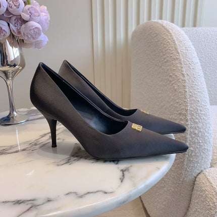BALENCIAGA 25S POINTED-TOE HIGH HEELS 70 MM IN BLACK SATIN WITH GOLD HARDWARE
