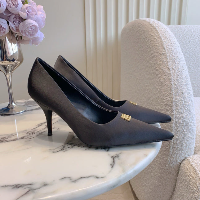 BALENCIAGA 25S POINTED-TOE HIGH HEELS 70 MM IN BLACK SATIN WITH GOLD HARDWARE