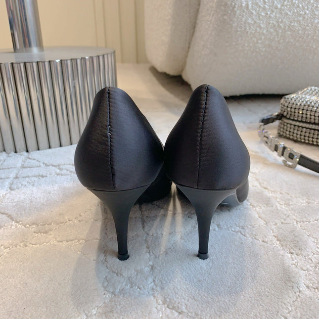 BALENCIAGA 25S POINTED-TOE HIGH HEELS 70 MM IN BLACK SATIN WITH GOLD HARDWARE