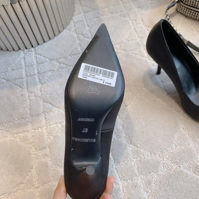 BALENCIAGA 25S POINTED-TOE HIGH HEELS 70 MM IN BLACK SATIN WITH GOLD HARDWARE