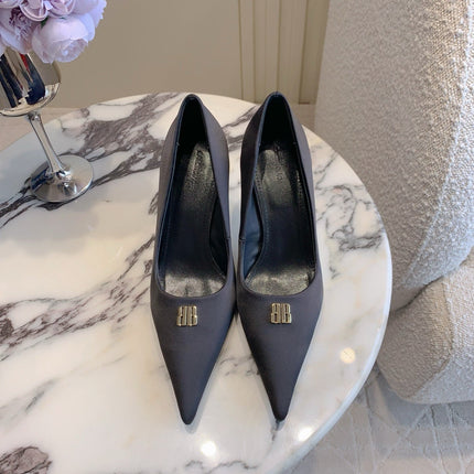 BALENCIAGA 25S POINTED-TOE HIGH HEELS 70 MM IN BLACK SATIN WITH GOLD HARDWARE