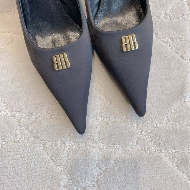 BALENCIAGA 25S POINTED-TOE HIGH HEELS 70 MM IN BLACK SATIN WITH GOLD HARDWARE