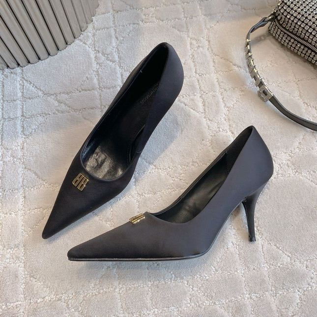 BALENCIAGA 25S POINTED-TOE HIGH HEELS 70 MM IN BLACK SATIN WITH GOLD HARDWARE