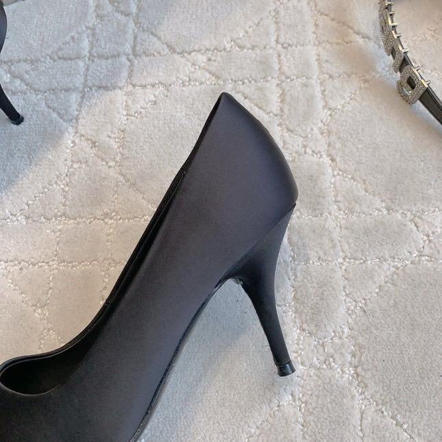 BALENCIAGA 25S POINTED-TOE HIGH HEELS 70 MM IN BLACK SATIN WITH GOLD HARDWARE