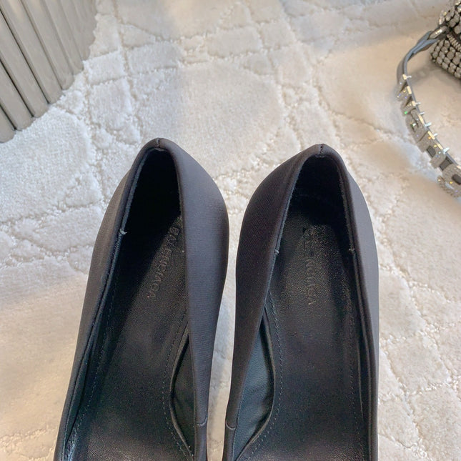 BALENCIAGA 25S POINTED-TOE HIGH HEELS 70 MM IN BLACK SATIN WITH GOLD HARDWARE