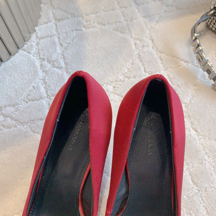 BALENCIAGA 25S POINTED-TOE HIGH HEELS 70 MM IN RED SATIN WITH GOLD HARDWARE