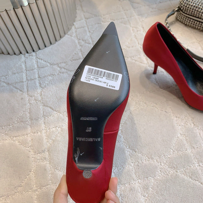 BALENCIAGA 25S POINTED-TOE HIGH HEELS 70 MM IN RED SATIN WITH GOLD HARDWARE