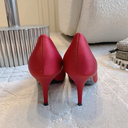 BALENCIAGA 25S POINTED-TOE HIGH HEELS 70 MM IN RED SATIN WITH GOLD HARDWARE