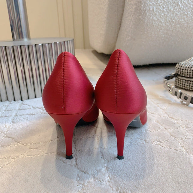 BALENCIAGA 25S POINTED-TOE HIGH HEELS 70 MM IN RED SATIN WITH GOLD HARDWARE