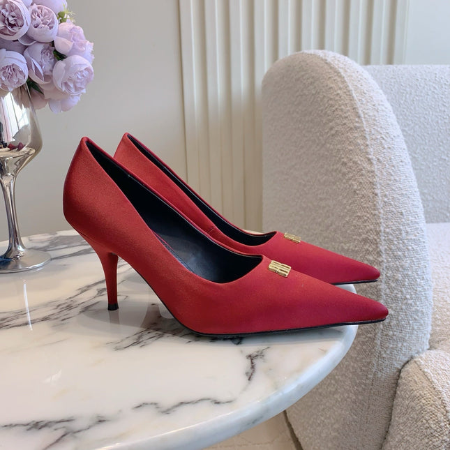 BALENCIAGA 25S POINTED-TOE HIGH HEELS 70 MM IN RED SATIN WITH GOLD HARDWARE