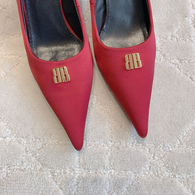 BALENCIAGA 25S POINTED-TOE HIGH HEELS 70 MM IN RED SATIN WITH GOLD HARDWARE