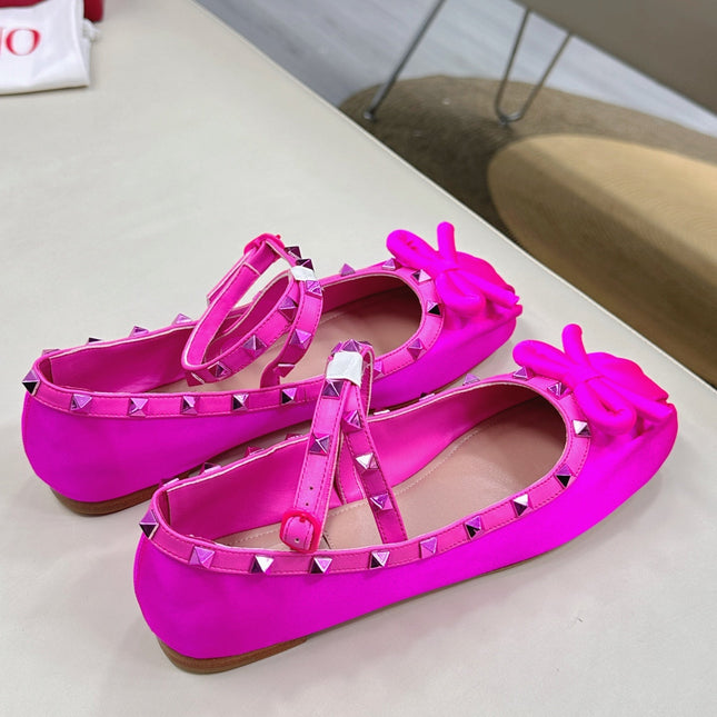 VALEN GARAVANI ROCKSTUD BALLERINAS IN HOT PINK SATIN