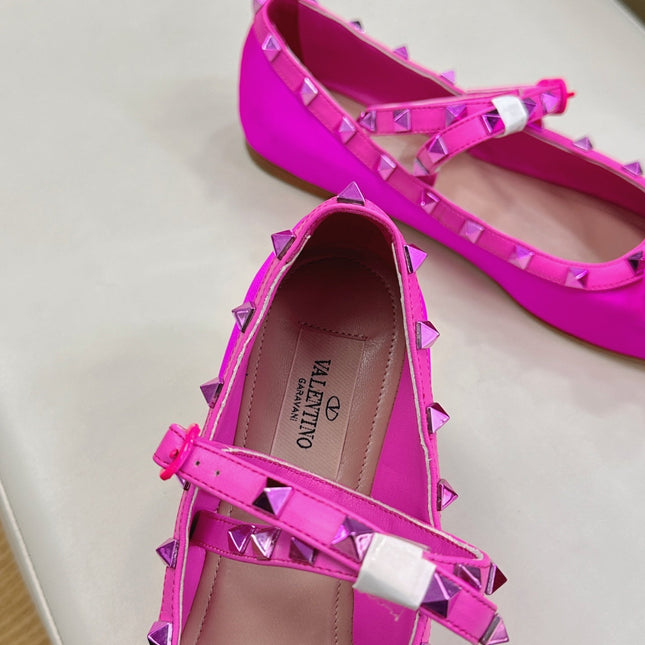 VALEN GARAVANI ROCKSTUD BALLERINAS IN HOT PINK SATIN