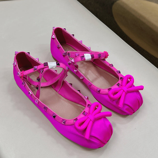 VALEN GARAVANI ROCKSTUD BALLERINAS IN HOT PINK SATIN