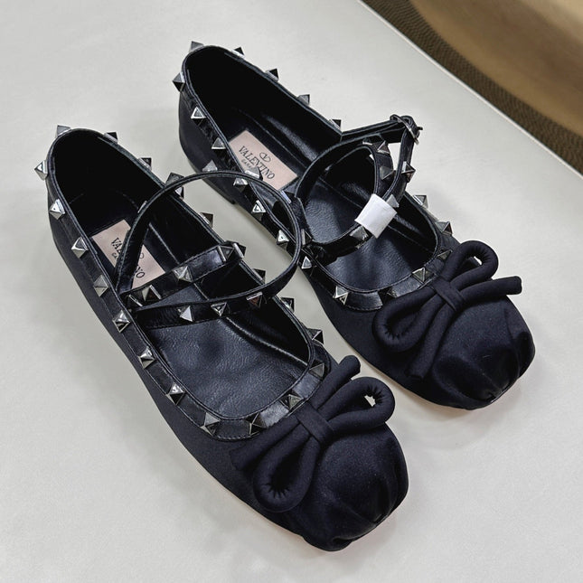 VALEN GARAVANI ROCKSTUD BALLERINAS IN BLACK SATIN