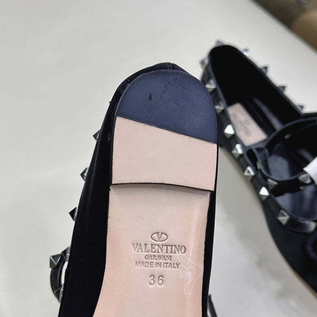 VALEN GARAVANI ROCKSTUD BALLERINAS IN BLACK SATIN