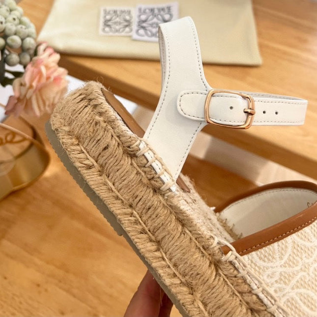 Loew Anagram White Tan Beige Leather And Canvas Espadrille Sandals