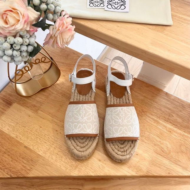Loew Anagram White Tan Beige Leather And Canvas Espadrille Sandals
