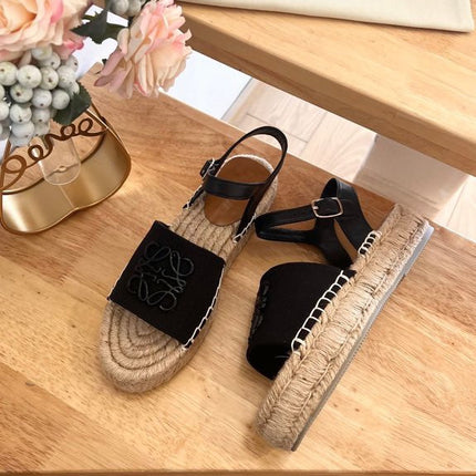 Loew Anagram Black Beige Leather And Canvas Espadrille Sandals