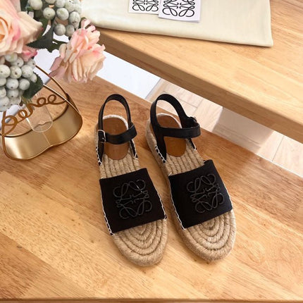 Loew Anagram Black Beige Leather And Canvas Espadrille Sandals
