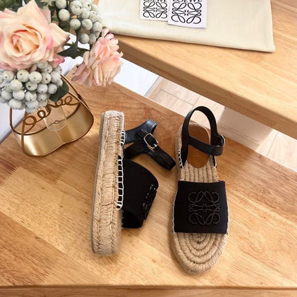 Loew Anagram Black Beige Leather And Canvas Espadrille Sandals