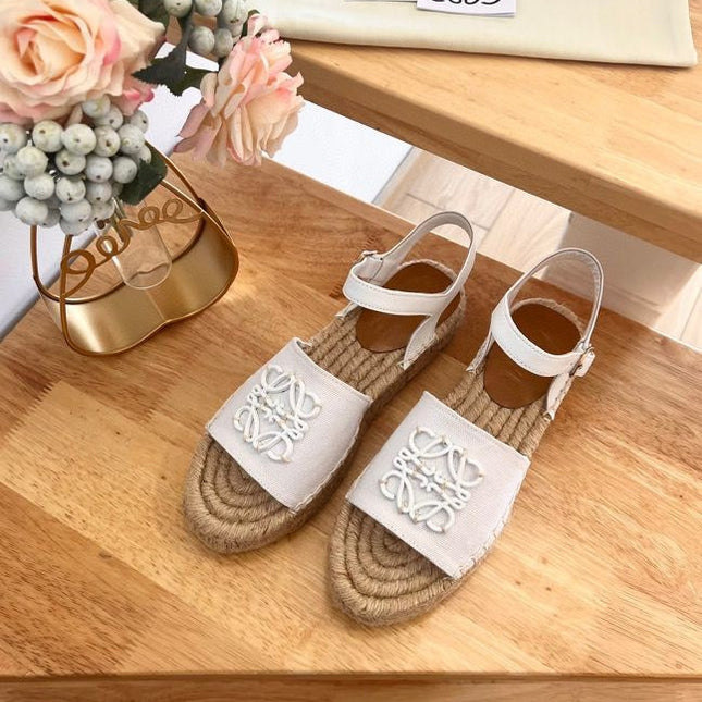 Loew Anagram White Beige Leather And Canvas Espadrille Sandals