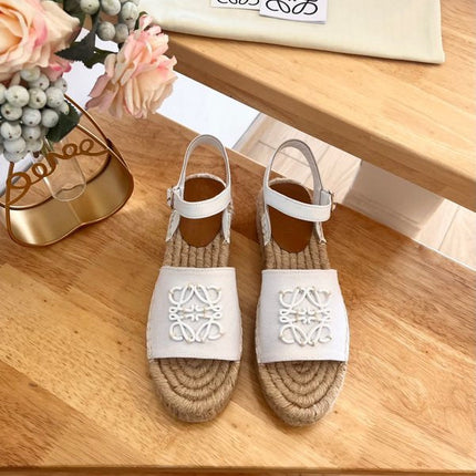 Loew Anagram White Beige Leather And Canvas Espadrille Sandals